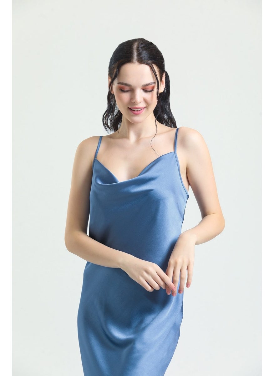 Magic Form 9790 Women's Blue Cowl Collar Crepe Satin Long Nightgown  - Image 2