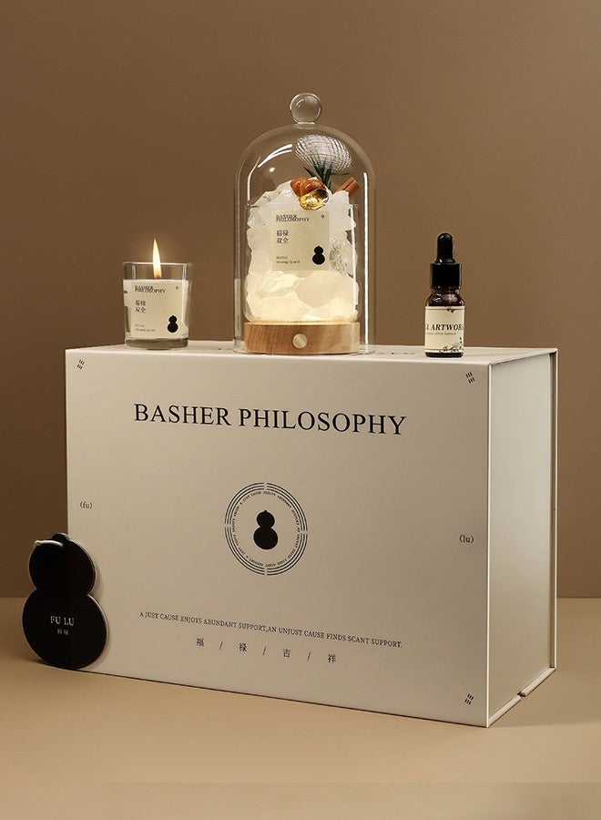 طقم هدية فاخر للعلاج العطري مع موزّع كريستالي، شمعة معطرة وزيت عطري برائحة الجريب فروت، قاعدة مصباح LED وقبّة زجاجية ديكورية – مجموعة عطور أنيقة مثالية للهدايا - Image 1