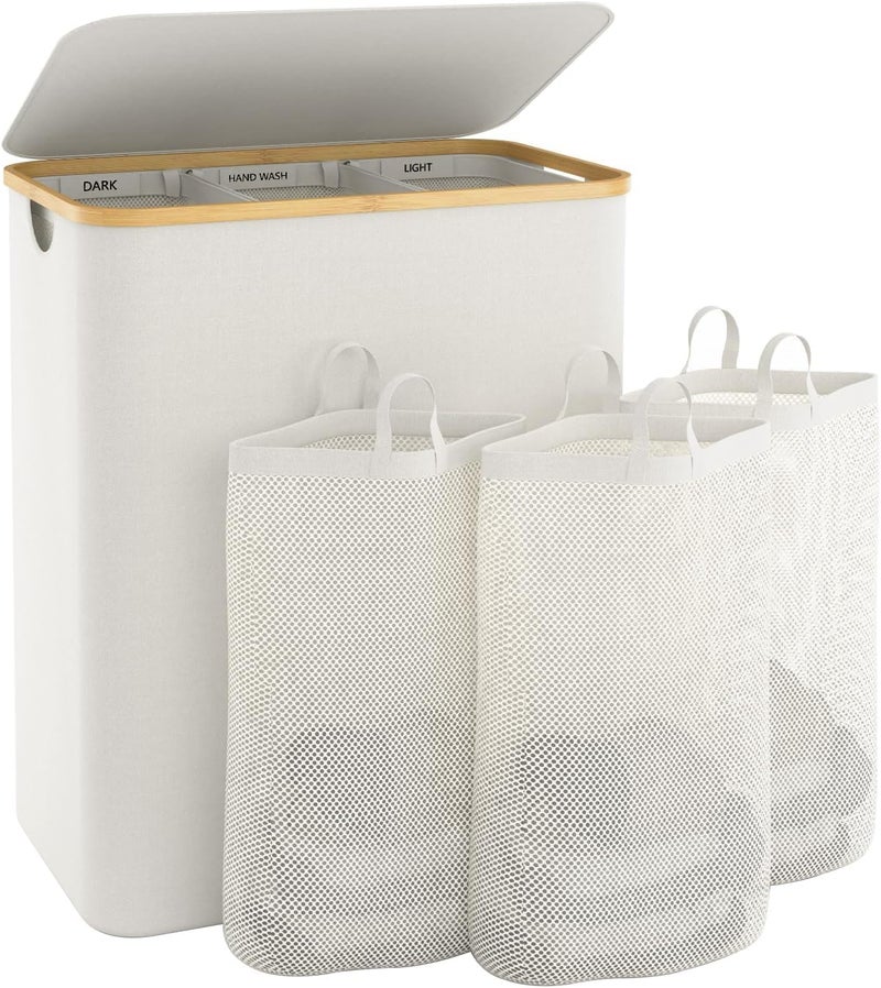 Bathola Extra Large 3 Section Dirty Clothes Laundry Basket with Lid, Dirty Clothes Hampers with Removable Bags for Bedroom and Laundry Room, Beige - Image 1