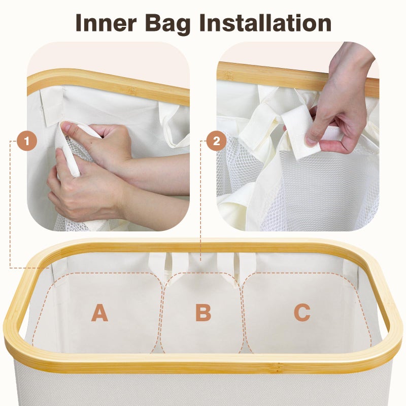 Bathola Extra Large 3 Section Dirty Clothes Laundry Basket with Lid, Dirty Clothes Hampers with Removable Bags for Bedroom and Laundry Room, Beige - Image 2