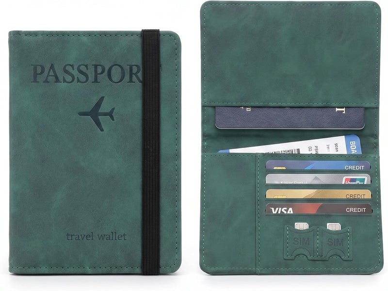 RFID Passport Holder Travel Wallet with Airplane Design (Olive Green) - Image 1