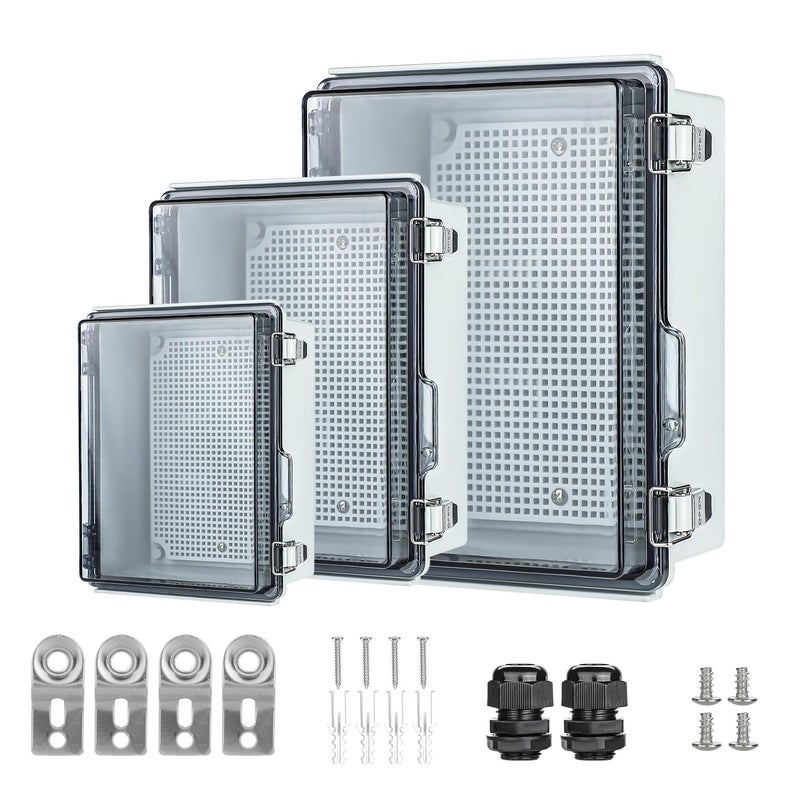 IGEYAPA Small Waterproof Electrical Junction Boxï¼ŒIP67 Waterproof Clear ABS Plastic Enclosure Boxes for Outdoor Garden with Hinged Cover, Mounting Plate, Wall Brackets, Cable Glands (8.7"x6.7"x4.3" Clear) - Image 1