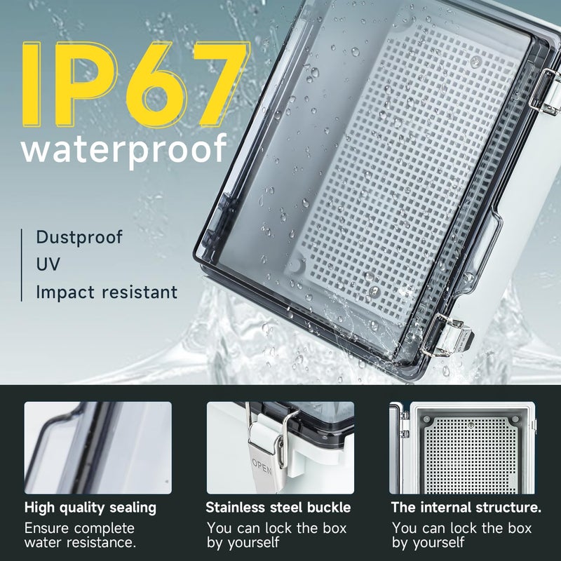 IGEYAPA Small Waterproof Electrical Junction Boxï¼ŒIP67 Waterproof Clear ABS Plastic Enclosure Boxes for Outdoor Garden with Hinged Cover, Mounting Plate, Wall Brackets, Cable Glands (8.7"x6.7"x4.3" Clear) - Image 2