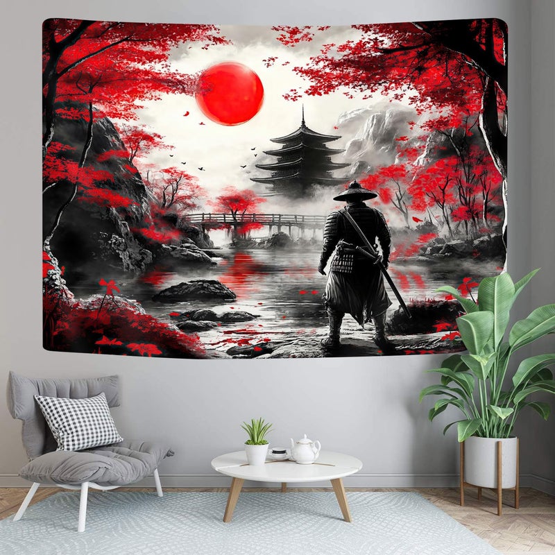 GOAOK Japanese Anime Tapestry Cool Samurai Art, Red and Black Japan Tapestry Wall Hanging for Men, Mountain Forest Nature Cherry Blossom Sunset Dark Asia Japanese Tapestries Aesthetic for Living, 60x40 - Image 3