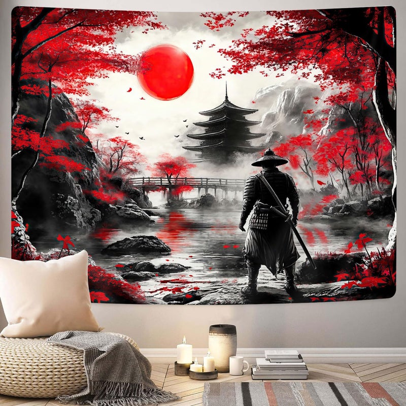 GOAOK Japanese Anime Tapestry Cool Samurai Art, Red and Black Japan Tapestry Wall Hanging for Men, Mountain Forest Nature Cherry Blossom Sunset Dark Asia Japanese Tapestries Aesthetic for Living, 60x40 - Image 4