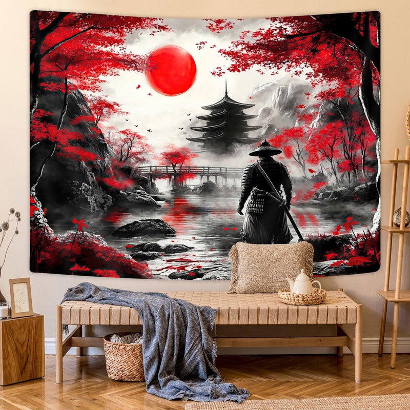 GOAOK Japanese Anime Tapestry Cool Samurai Art, Red and Black Japan Tapestry Wall Hanging for Men, Mountain Forest Nature Cherry Blossom Sunset Dark Asia Japanese Tapestries Aesthetic for Living, 60x40 - Image 2