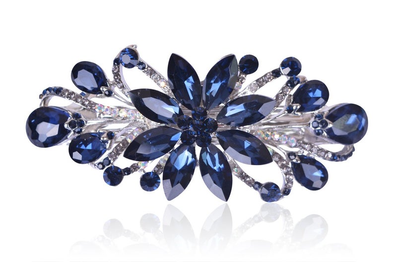 Sankuwen Flower Luxury Jewelry Design Hairpin Rhinestone Hair Barrette Clip,Also Perfect Mother's Day Gifts for Mom(Dark Blue) - Image 1