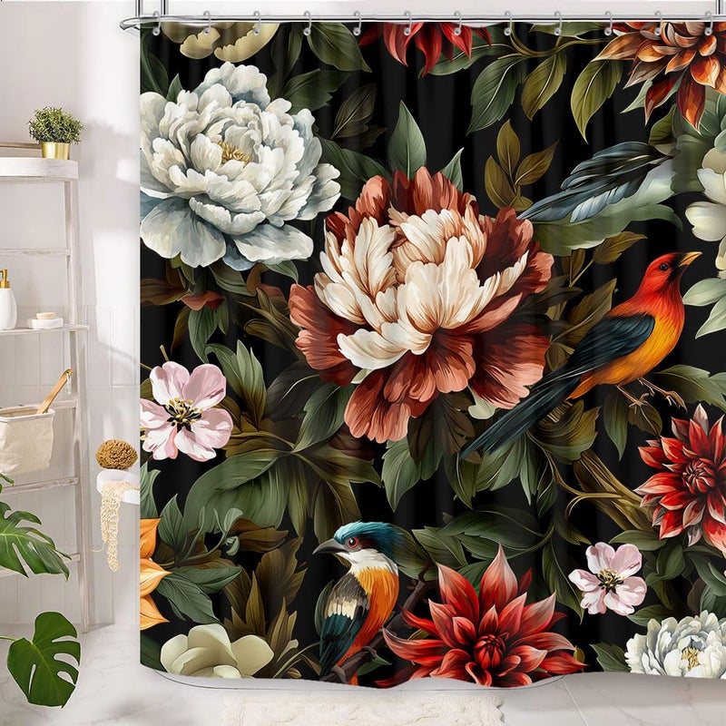 GOAOK Black Boho Floral Shower Curtain, Bright Abstract Bohemian Tropical Leaves Plant Flower Botanical Bird Shower Curtain Set, Modern Aesthetic Boho Chic Fabric Shower Curtain 12 Pack Hooks, 72X72 - Image 2
