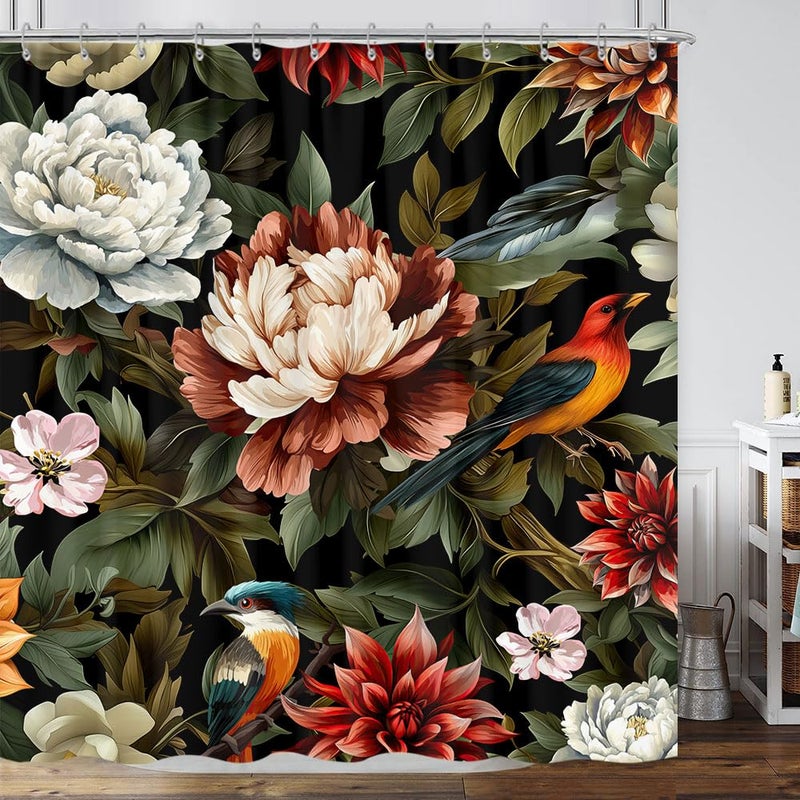 GOAOK Black Boho Floral Shower Curtain, Bright Abstract Bohemian Tropical Leaves Plant Flower Botanical Bird Shower Curtain Set, Modern Aesthetic Boho Chic Fabric Shower Curtain 12 Pack Hooks, 72X72 - Image 1
