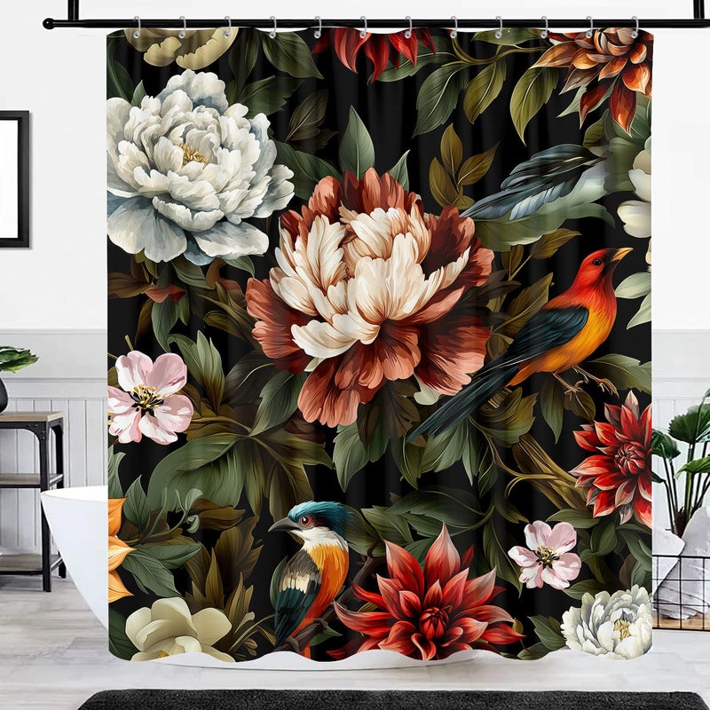 GOAOK Black Boho Floral Shower Curtain, Bright Abstract Bohemian Tropical Leaves Plant Flower Botanical Bird Shower Curtain Set, Modern Aesthetic Boho Chic Fabric Shower Curtain 12 Pack Hooks, 72X72 - Image 3