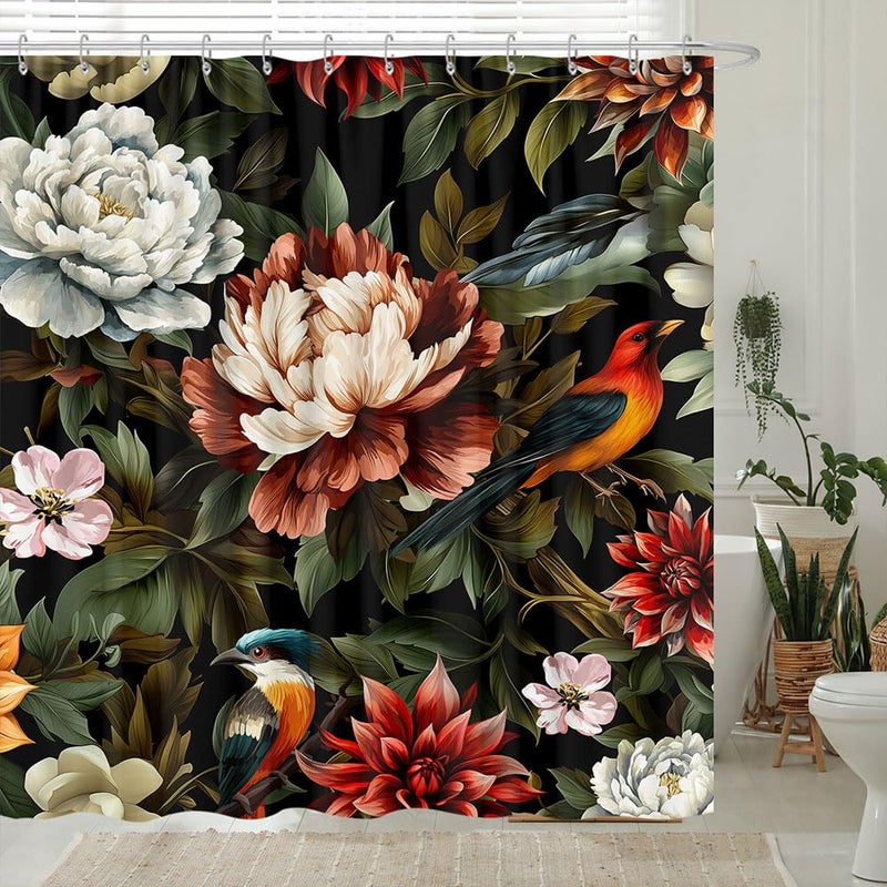 GOAOK Black Boho Floral Shower Curtain, Bright Abstract Bohemian Tropical Leaves Plant Flower Botanical Bird Shower Curtain Set, Modern Aesthetic Boho Chic Fabric Shower Curtain 12 Pack Hooks, 72X72 - Image 4