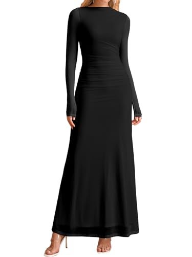HTZMO Women Long Sleeve Bodycon Floral Maxi Dress Ruched A Line Flowy Wedding Guest Formal Party Long Dresses Black L - Image 1