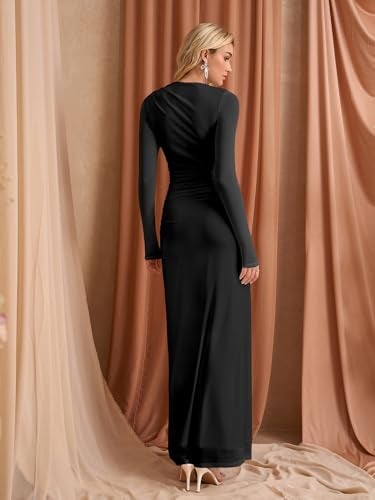 HTZMO Women Long Sleeve Bodycon Floral Maxi Dress Ruched A Line Flowy Wedding Guest Formal Party Long Dresses Black L - Image 2