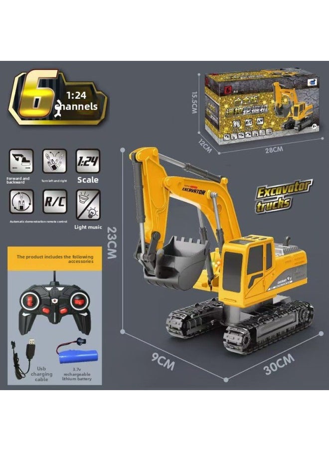 Generic Alloy Children's Remote Control Car Excavator Toy Car Boy Electric Excavator Engineering Car Excavator A Generation Of Hair-Color:6-way-yellow-metal Bucket [color Box]-Scale:Crazy [4 Body Batteries] + Remote Control Batteries  - Image 1