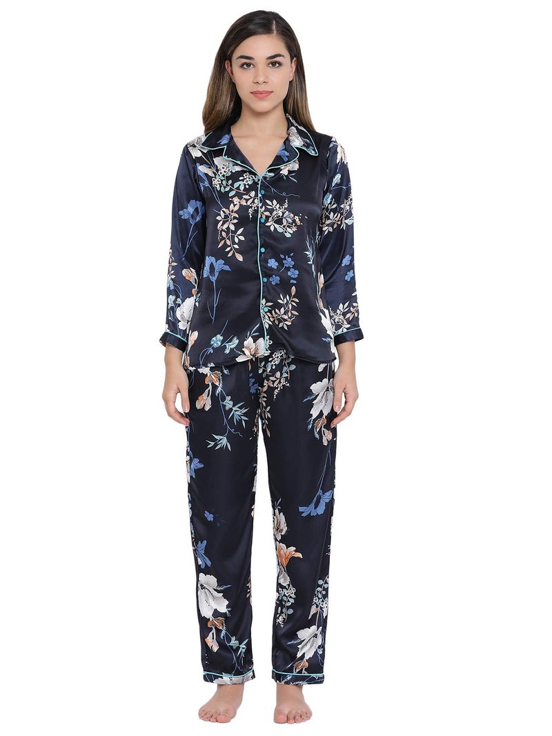 Clovia Women's Satin Sleepwear Pajama Set (Ns0597A08Xxl_Blue_Xx-Large), XX Large, Dark Blue - Image 1