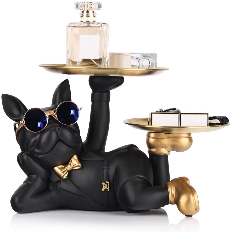 oliruim Bulldog Tray Statue - Bulldog Butler with Storage Tray for Entryway Key Holder, Ring Holder, Living Room Coffee Table Candy Dish, Modern Home Office Desktop Decor (Black) - Image 1