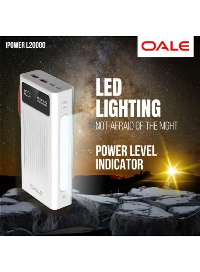 OALE 20000mAh Power Bank with Built-in Cables, 22.5W Fast Charging, Type-C PD, Digital Display, LED Light, (white) - Image 1