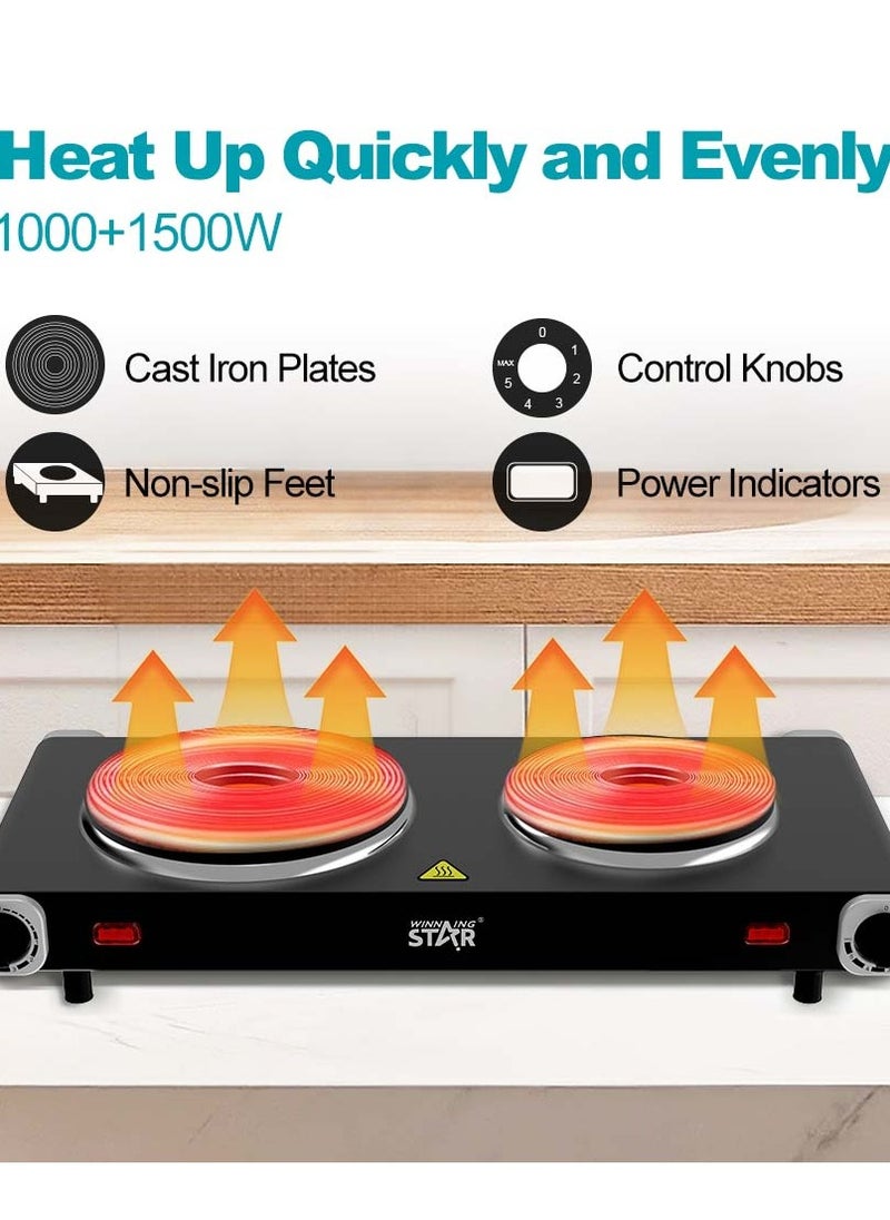 Winning Star - Countertop Double Cast Iron Burner, Electric Hot Plate, Temperature Controls, Power Indicator Lights, Easy to Clean - Image 1