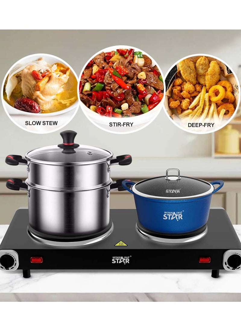 Winning Star - Countertop Double Cast Iron Burner, Electric Hot Plate, Temperature Controls, Power Indicator Lights, Easy to Clean - Image 1