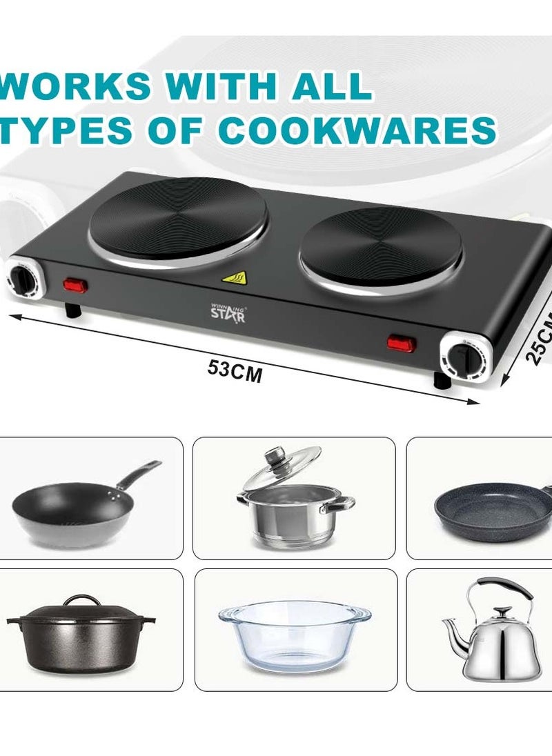 Winning Star - Countertop Double Cast Iron Burner, Electric Hot Plate, Temperature Controls, Power Indicator Lights, Easy to Clean - Image 1