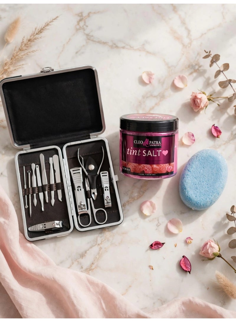 CLEOPATRA A stylish metal case containing a complete set of 10+ jars of rose bath salts and a pumice stone for removing dead and rough skin. - Image 1