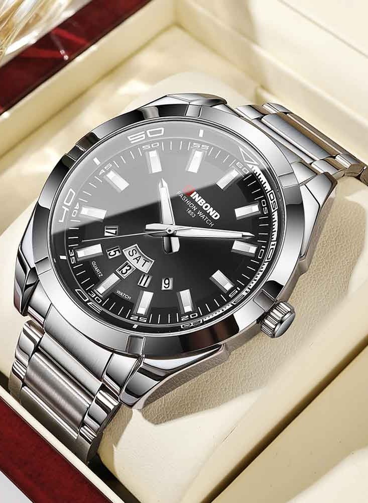بينبوند ساعة رجالية كوارتز فولاذية مضيئة بعلامة تجارية، ساعة رياضية كاجوال، ساعة عمل مقاومة للماء - Image 1
