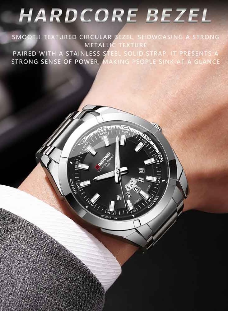 بينبوند ساعة رجالية كوارتز فولاذية مضيئة بعلامة تجارية، ساعة رياضية كاجوال، ساعة عمل مقاومة للماء - Image 3