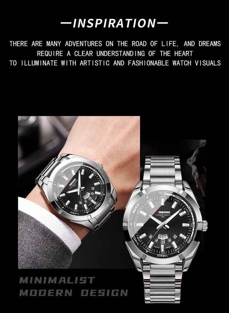 بينبوند ساعة رجالية كوارتز فولاذية مضيئة بعلامة تجارية، ساعة رياضية كاجوال، ساعة عمل مقاومة للماء - Image 2