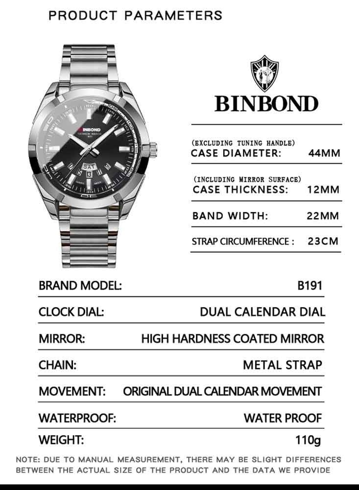 بينبوند ساعة رجالية كوارتز فولاذية مضيئة بعلامة تجارية، ساعة رياضية كاجوال، ساعة عمل مقاومة للماء - Image 4