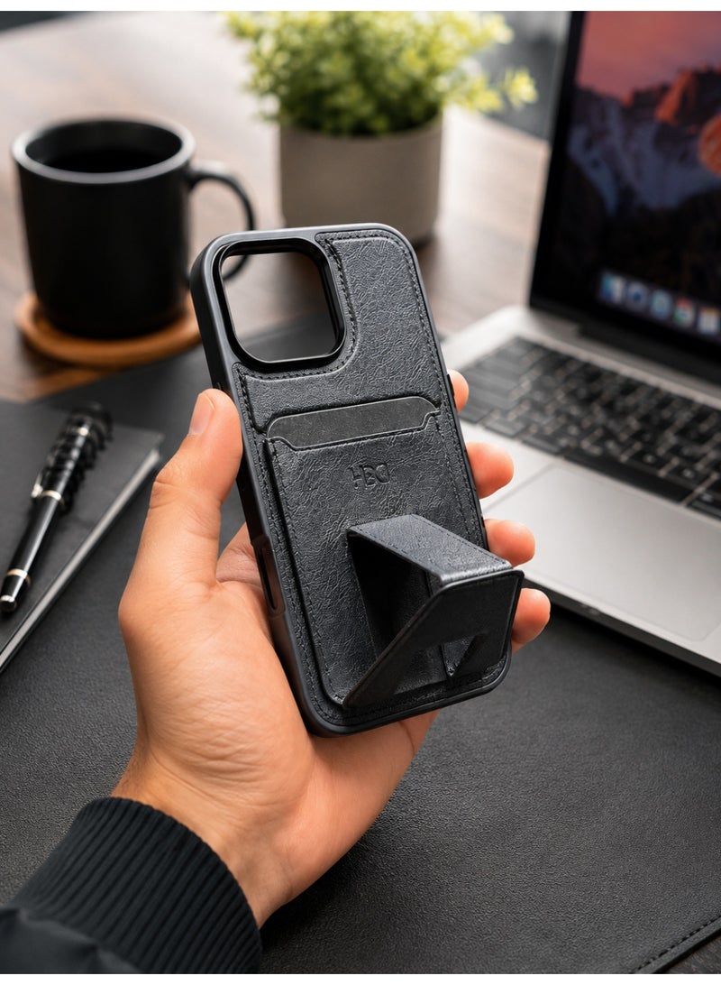 iPhone 16 Pro Max Case with Leather Texture, Card Holder & Foldable Kickstand - Black - Image 4