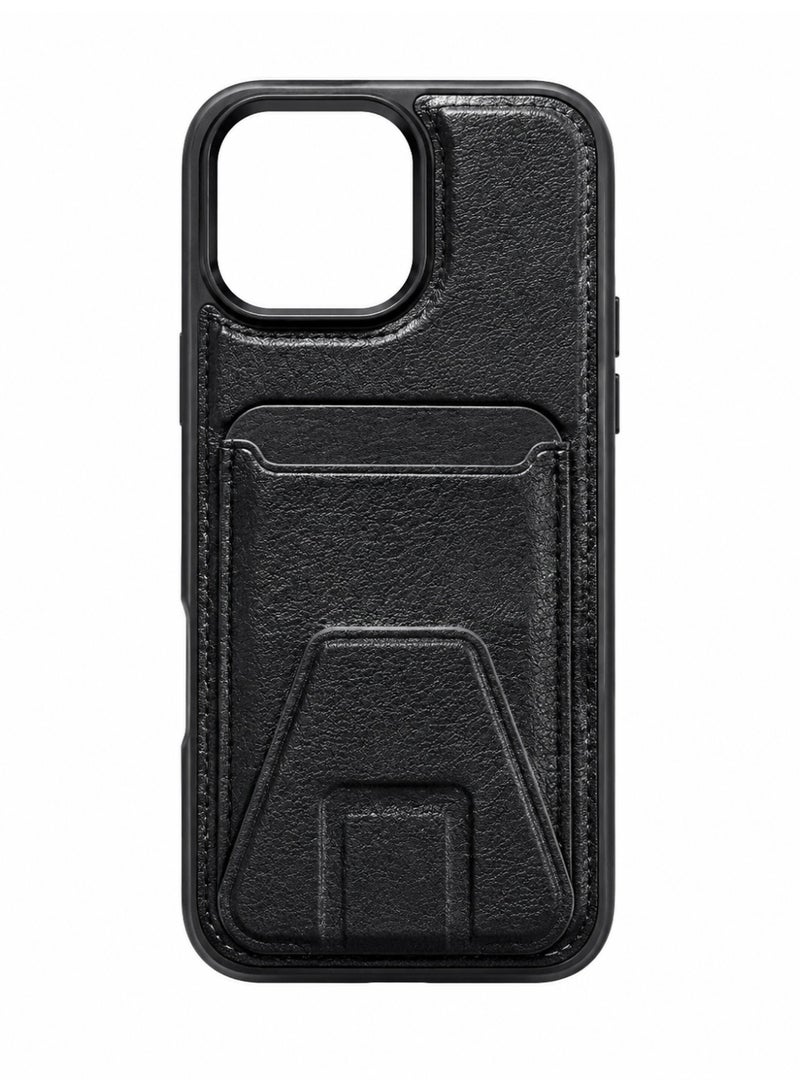 iPhone 16 Pro Max Case with Leather Texture, Card Holder & Foldable Kickstand - Black - Image 1