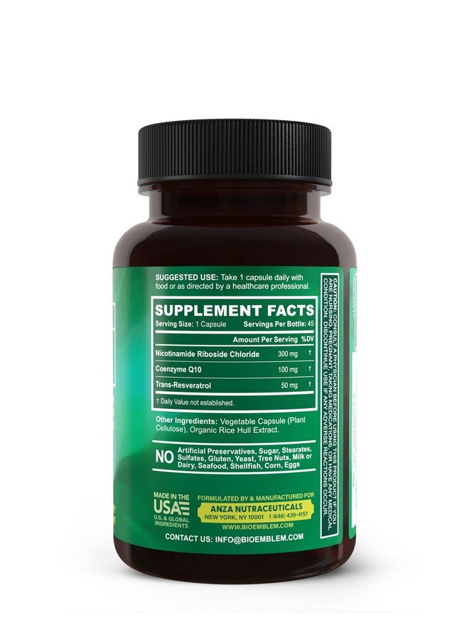 BioEmblem NAD+ Supplement | 300 mg Nicotinamide Riboside with CoQ10 & Resveratrol | Supports Healthy Aging, Cellular Energy and Cognitive Function | Non-GMO, Gluten Free - 45 Capsules - Image 2