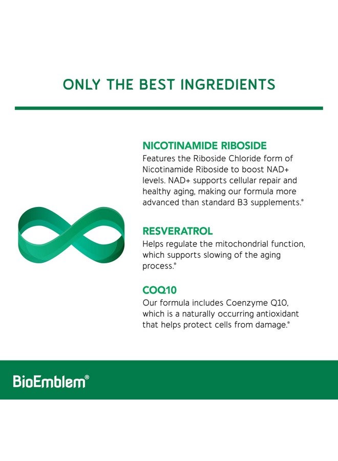 BioEmblem NAD+ Supplement | 300 mg Nicotinamide Riboside with CoQ10 & Resveratrol | Supports Healthy Aging, Cellular Energy and Cognitive Function | Non-GMO, Gluten Free - 45 Capsules - Image 4