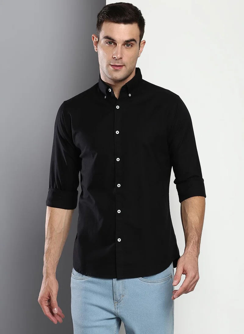 Men's Black 100% Cotton Solid Button Down Regular Fit Shirt