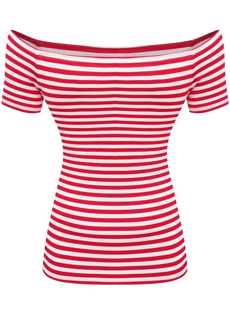 LilyCoco Off The Shoulder Tops for Women Striped Short Sleeve Sexy Going Out Top Red Small - Image 4