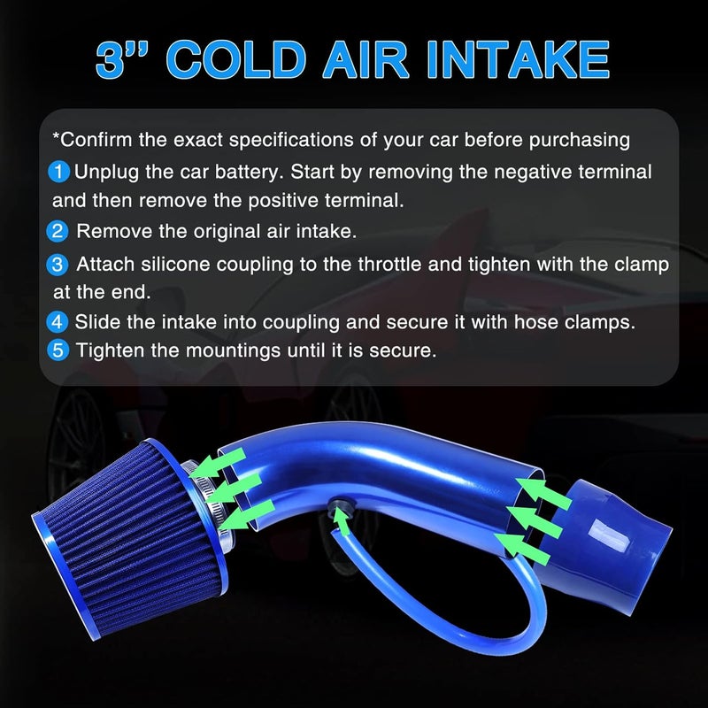 AICARS 3 Inch Universal Cold Intake Pipe Induction High Flow Pipe Kit - Blue - Image 4