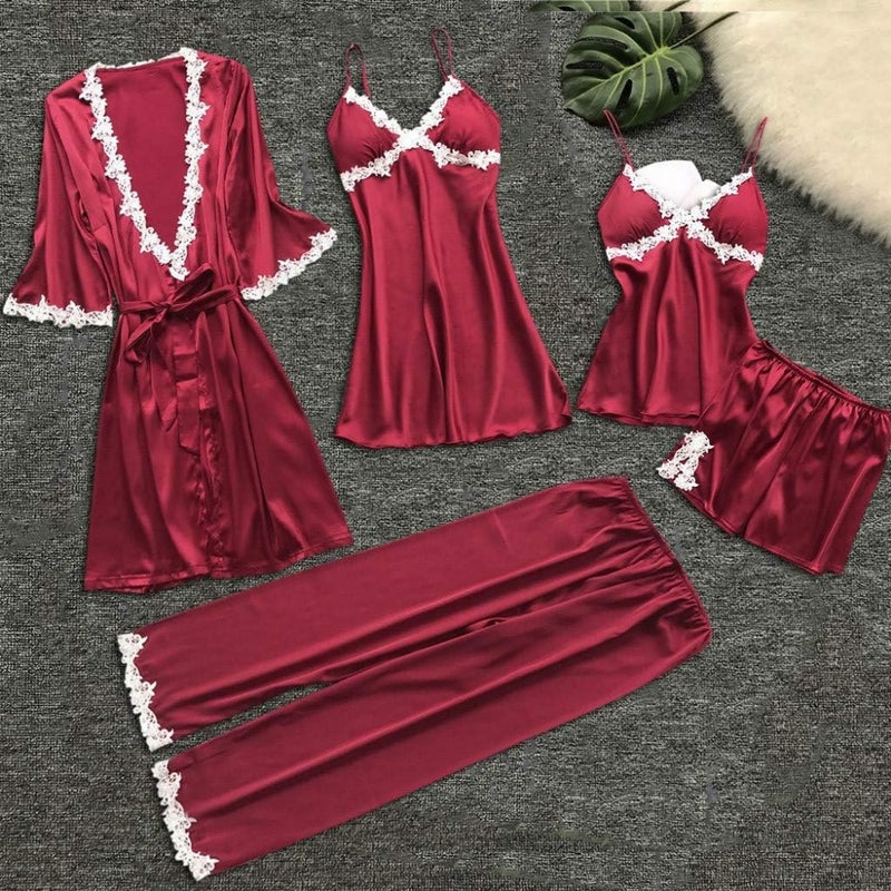 Women's Sleepwear 5 Pcs Suit Sale Lace Trim Satin Robe + Nightgown + Camisole Shorts Pajama Set + Long PantsWine, M - Image 5