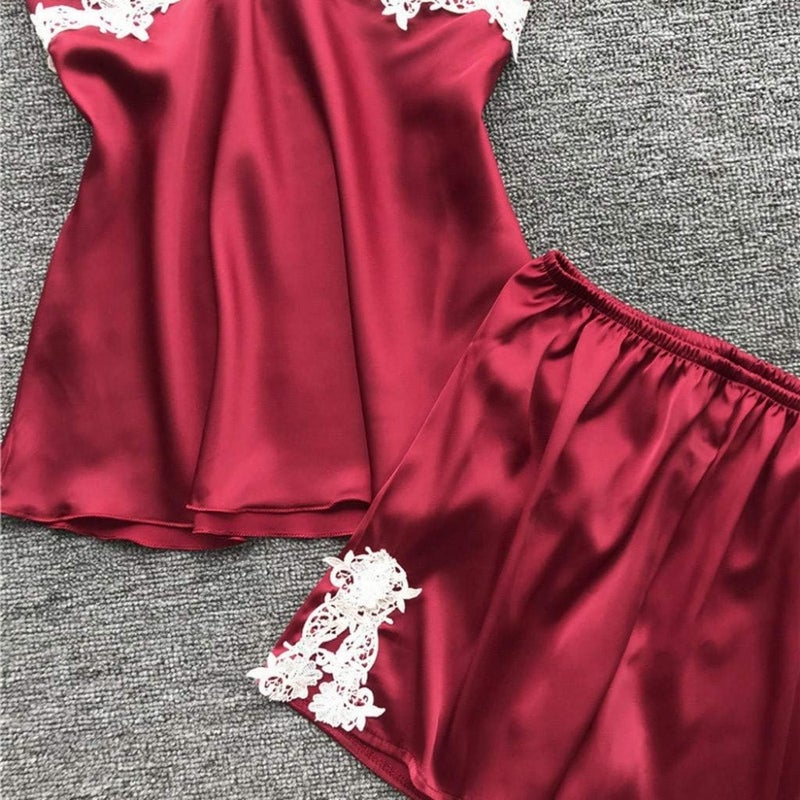 Women's Sleepwear 5 Pcs Suit Sale Lace Trim Satin Robe + Nightgown + Camisole Shorts Pajama Set + Long PantsWine, M - Image 4