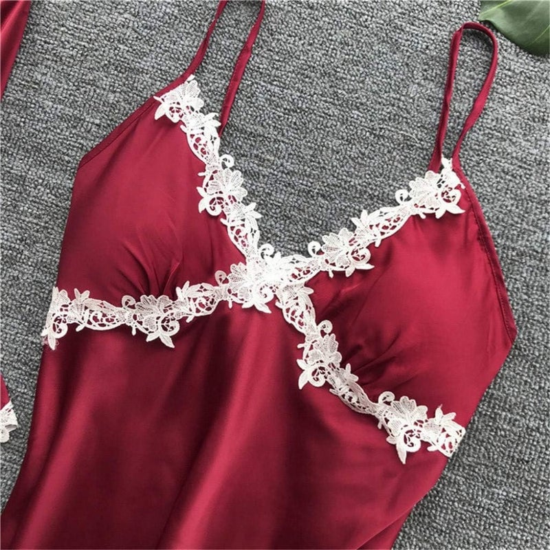 Women's Sleepwear 5 Pcs Suit Sale Lace Trim Satin Robe + Nightgown + Camisole Shorts Pajama Set + Long PantsWine, M - Image 2