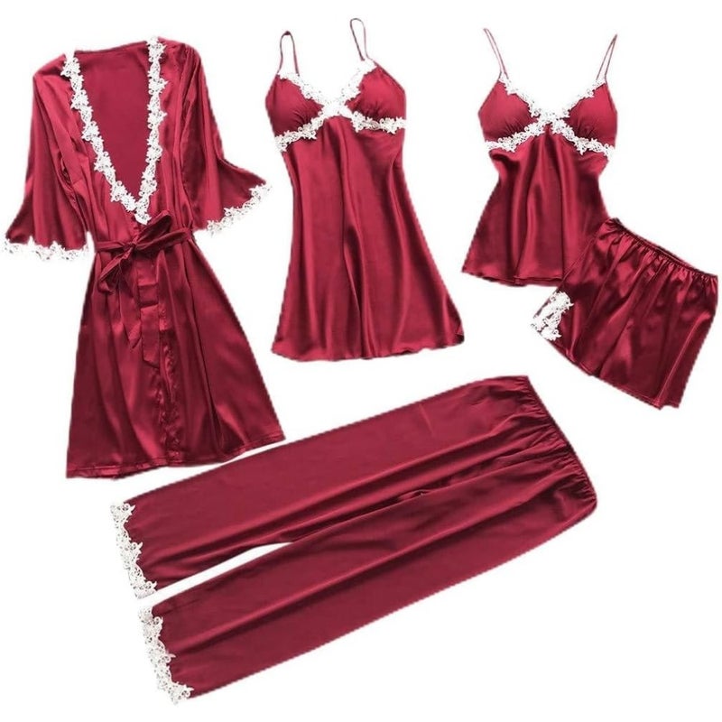 Women's Sleepwear 5 Pcs Suit Sale Lace Trim Satin Robe + Nightgown + Camisole Shorts Pajama Set + Long PantsWine, M - Image 1