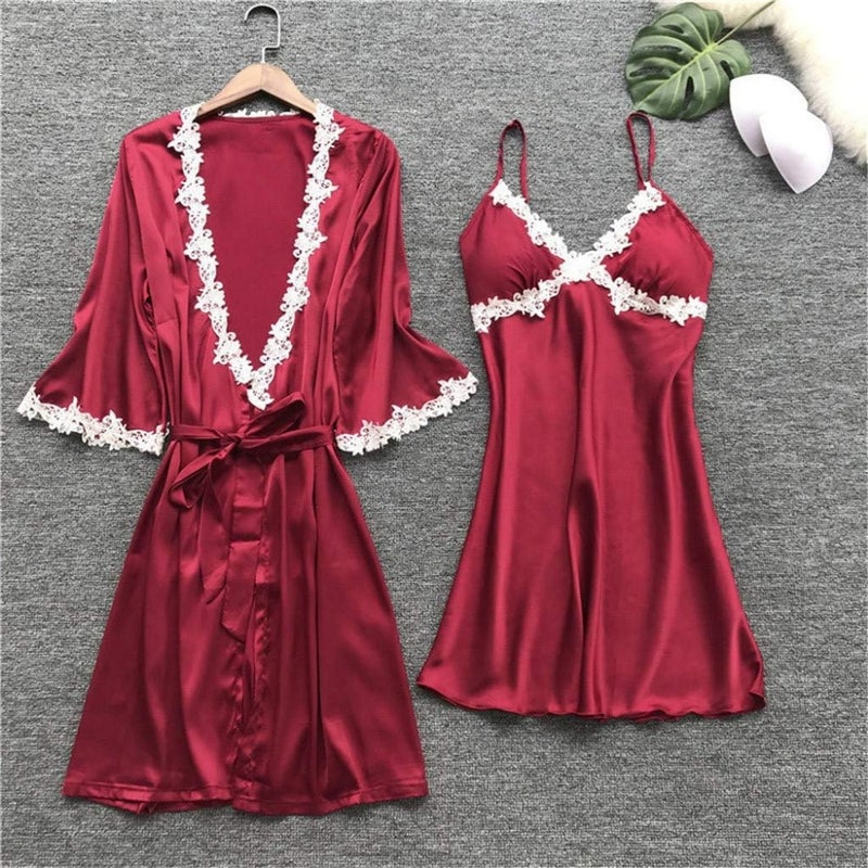 Women's Sleepwear 5 Pcs Suit Sale Lace Trim Satin Robe + Nightgown + Camisole Shorts Pajama Set + Long PantsWine, M - Image 3