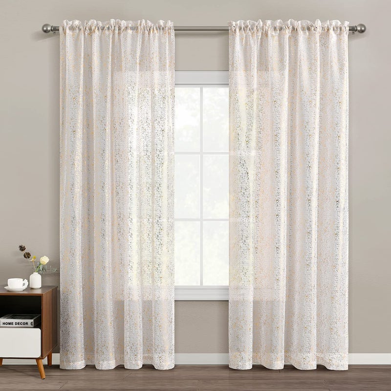 TERLYTEX Gold and White Sheer Curtains 54 Inch Length 2 Panels, Metallic Gold Foil Spray Sparkle Curtains for Bedroom Dining Room, Rod Pocket Light Filtering Privacy Shimmer Curtain Drapes, Gold White - Image 2