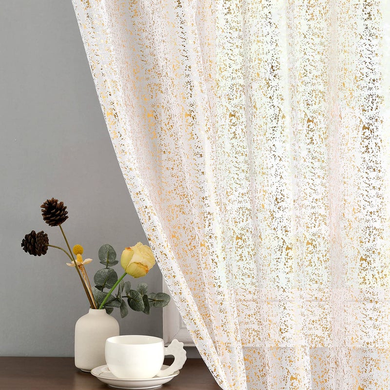 TERLYTEX Gold and White Sheer Curtains 54 Inch Length 2 Panels, Metallic Gold Foil Spray Sparkle Curtains for Bedroom Dining Room, Rod Pocket Light Filtering Privacy Shimmer Curtain Drapes, Gold White - Image 1