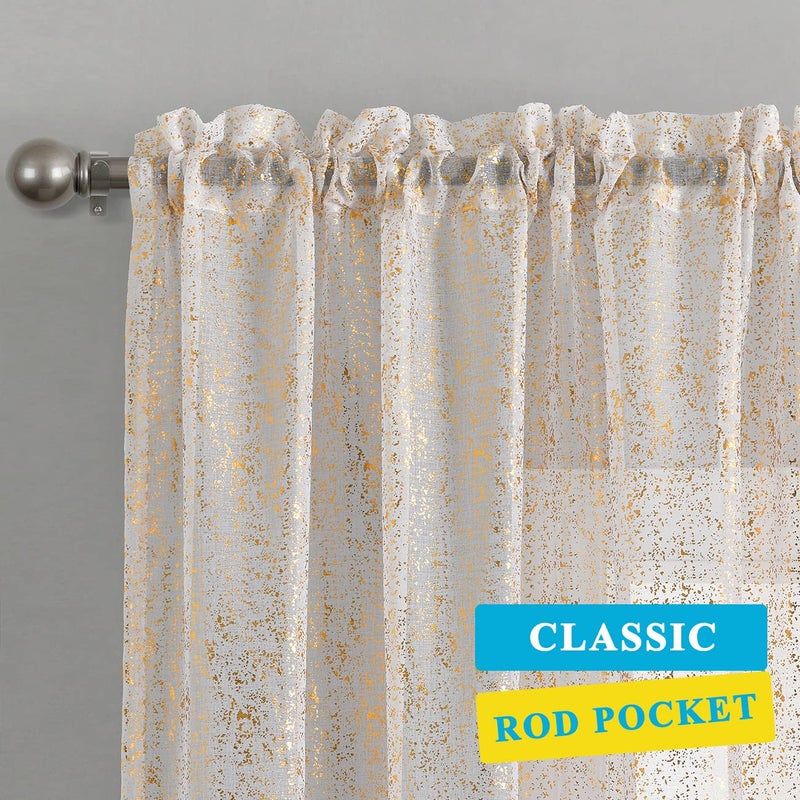 TERLYTEX Gold and White Sheer Curtains 54 Inch Length 2 Panels, Metallic Gold Foil Spray Sparkle Curtains for Bedroom Dining Room, Rod Pocket Light Filtering Privacy Shimmer Curtain Drapes, Gold White - Image 3