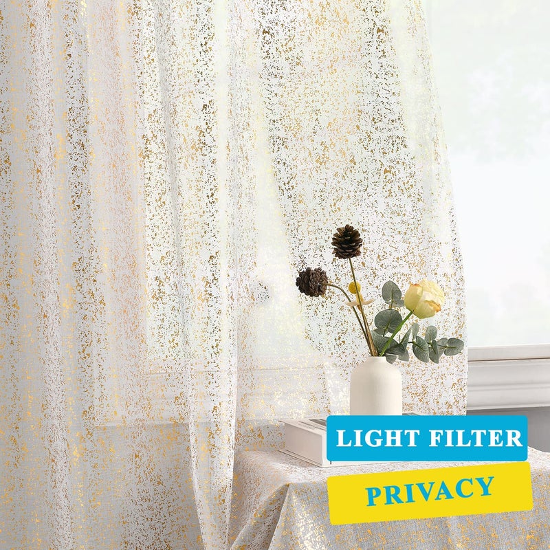 TERLYTEX Gold and White Sheer Curtains 54 Inch Length 2 Panels, Metallic Gold Foil Spray Sparkle Curtains for Bedroom Dining Room, Rod Pocket Light Filtering Privacy Shimmer Curtain Drapes, Gold White - Image 4