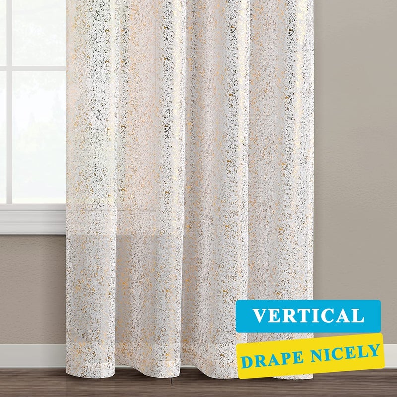 TERLYTEX Gold and White Sheer Curtains 54 Inch Length 2 Panels, Metallic Gold Foil Spray Sparkle Curtains for Bedroom Dining Room, Rod Pocket Light Filtering Privacy Shimmer Curtain Drapes, Gold White - Image 5