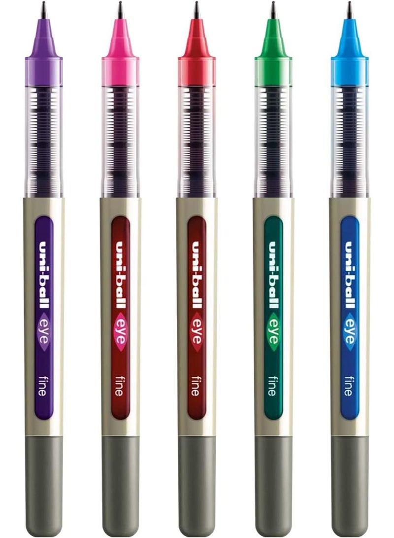 Uni-Ball-EYE Uni-Ball UB-157 Eye Rollerball Pen Set - Pack of 5 Swatch Colours (Green, Light Blue, Pink, Orange, Wine Red) UB157 Blister Carded UB157 - Image 1