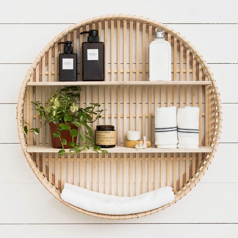 Synovana Rattan Wall Shelf 3 Tier Boho Wall Mounted Shelf Farmhouse Handcraft Round Floating Shelf Display Rack Storage Circular Hanging Shelf for Livingroom Home Decor