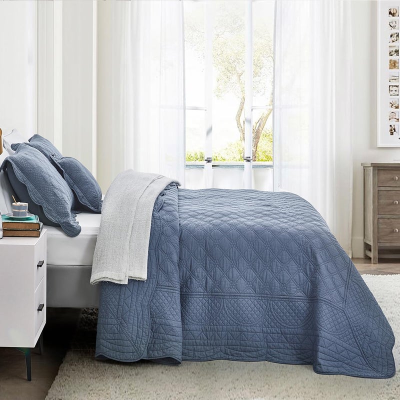 CHIXIN Oversized Cotton Bedspread King Size - Real Stitching Quilt - Luxury Quilted Bedding Cover for All Season, Reversible, Ultra Soft, Lightweight, 3 Piece, Smokey Blue - Image 3