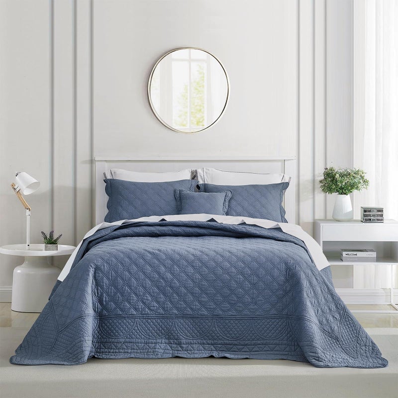 CHIXIN Oversized Cotton Bedspread King Size - Real Stitching Quilt - Luxury Quilted Bedding Cover for All Season, Reversible, Ultra Soft, Lightweight, 3 Piece, Smokey Blue - Image 1